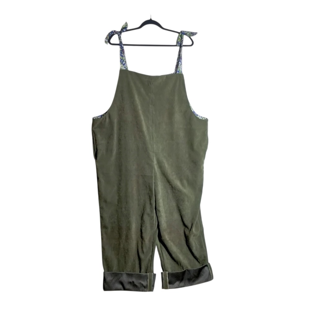 A Moniques‎ Originals Olive Green Corduroy Overalls Floral Tie Straps Wide Leg